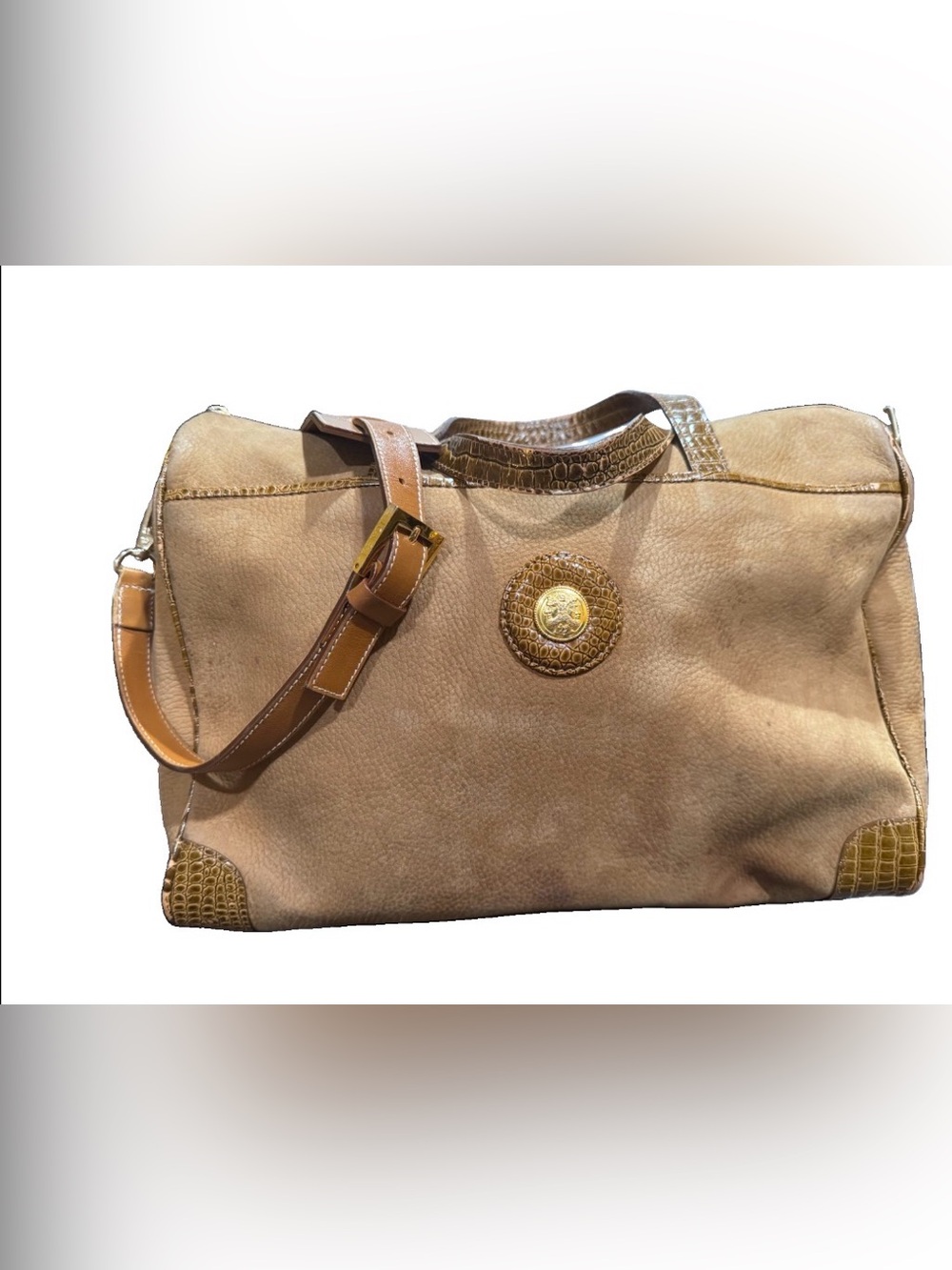 Fendi Tan Leather Tote with Croc Trim and Medallion